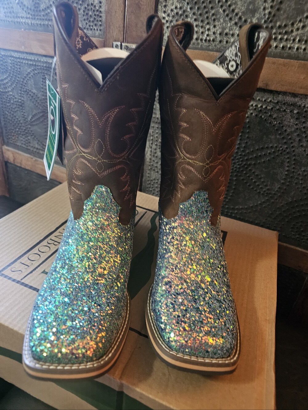 Women’s Brown Leather & Teal Glitter Western Heeled Boots
